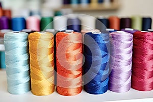 Colorful spools of thread creating a vibrant array for sewing and embroidery