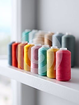 Colorful spools of thread lined up, a spectrum of creativity. Ideal for sewing, crafting, design, or textilerelated projects.
