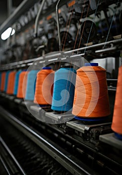 Colorful spools of thread in a textile manufacturing machine