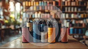 Colorful spools of thread on a wooden surface