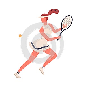 Colorful sportswoman big tennis player demonstrate smash vector flat illustration. Professional sports female holding