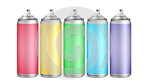 Colorful Spray Can Set Vector. 3D Aluminium Bottles. Paint Aerosol For Street Graffiti. Branding Design. 3D Packaging