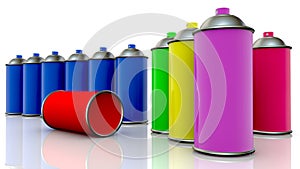 Colorful spray cans on white