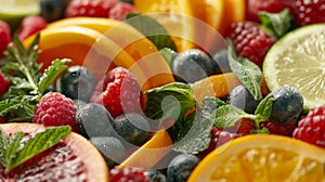 A colorful spread of fresh fruits and herbs used to infuse nonalcoholic beverages in a baking and mixology class photo