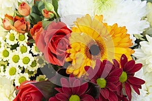 Colorful spring bouquet flowers with roses, chrysanthemum and camomile. Beautiful flower gift. Template for design. Copy space