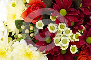 Colorful spring bouquet flowers with roses, chrysanthemum and camomile. Beautiful flower gift. Template for design. Copy space