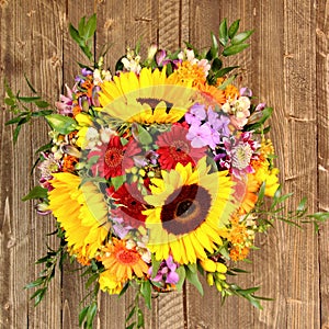 Colorful spring bunch, sunflowers seen from above