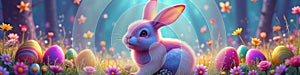 Colorful spring bunny with easter eggs in enchanting forest