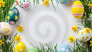 Colorful Spring: Colorful Easter Eggs and Narcissus Flowers with Blades of Grass Filigree, Creating a Frame on a White Background