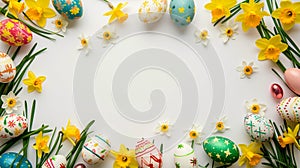 Colorful Spring: Colorful Easter Eggs and Narcissus Flowers with Blades of Grass Filigree, Creating a Frame on a White Background