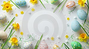 Colorful Spring: Colorful Easter Eggs and Narcissus Flowers with Blades of Grass Filigree, Creating a Frame on a White Background