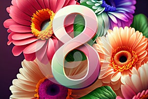 Colorful spring floral background with gerbera, daisy and number 8, 8 mart concept, generative ai