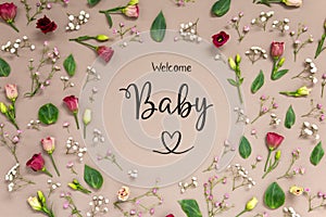Colorful Spring Flower Arrangement With Roses, English Text Welcome Baby