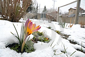Colorful Spring Flower Under Snow in Garden