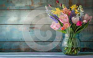 Colorful Spring Flowers Arranged in a Glass Jar Against a Rustic Blue Wooden Background