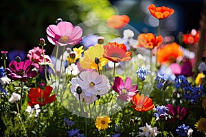 Colorful spring flowers in the garden on a bright sunny day, Colorful wildflowers blooming in a garden on a sunny day, AI