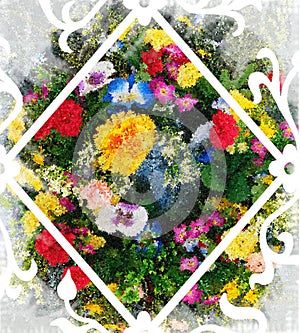Colorful spring flowers inside a white diamond shape  frame