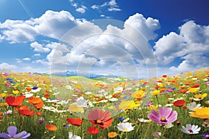 Colorful spring flowers on a meadow in panorama format, with the blue sky and white clouds in the background.GenerativeAI.