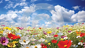 Colorful spring flowers on a meadow in panorama format, with the blue sky and white clouds in the background.GenerativeAI.