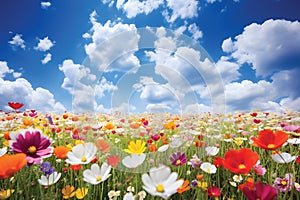 Colorful spring flowers on a meadow in panorama format, with the blue sky and white clouds in the background.GenerativeAI.