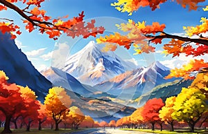 Colorful spring flowers in nature landscape with mountains, Magical Anime Landscape: Digital Art Illustration with Natural Scenery