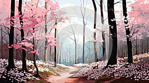 Colorful Spring Forest With Pink Blossoms - Graphic Illustration