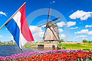 Colorful spring landscape in Netherlands, Europe. Famous windmills in Kinderdijk village with a tulips flowers flowerbed in