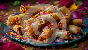 Colorful spring roll plate, a gourmet celebration of Chinese culture generated by AI