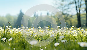 Colorful spring scene with lush green grass, whiteyellow background, copy space easter concept.