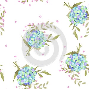 Colorful spring seamless wallpaper with hydrangea flowers. Vector hand drawn illustration set. Retro watercolour style floral