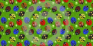 Colorful Spring Or Summer Seamless Pattern Background With Ladybugs And Water Drops On Green Leaf Vector Illustration