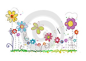 Colorful spring summer time flowers. Doodle floral greeting card