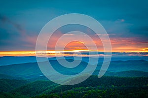 Colorful spring sunset over the Blue Ridge Mountains, seen from