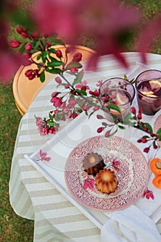 Colorful spring table setting in the garden under the blooming crab apple tree.