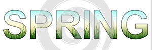 Colorful Spring title words with blue sky and grass white background