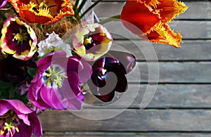 Colorful spring tulip flowers bouquet on grey wooden background