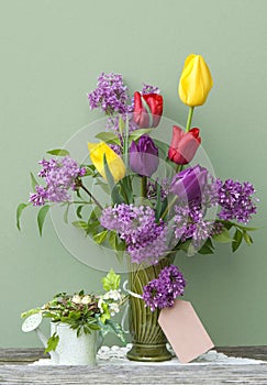 Colorful Spring Tulips and Lilac in a Vase