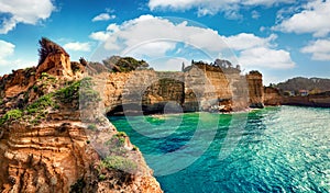 Colorful spring view of famous Channel Of Love Canal d`Amour beach. Bright morning seascape of Ionian Sea. Amazing outdoor scen