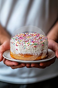 Colorful Sprinkle-Covered Cake on Plate Held by Person photo