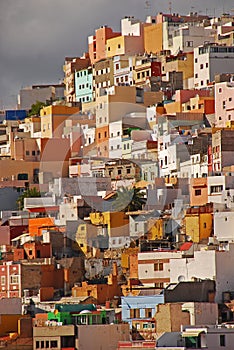 Colorful square block houses buildings of the city on the hill of Las Palmas de Gran Canaria  Canary Islands  Spain