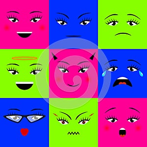 Colorful square emojis icons set different girl faces. Vector illustration