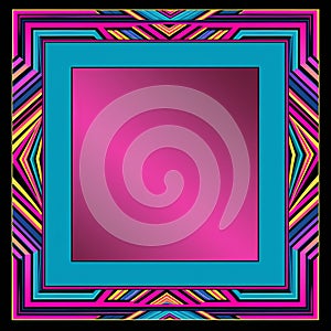 a colorful square frame with a pink and blue background