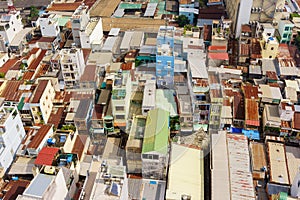 Colorful squatter shacks and houses in a Slum Urban Area in Saigon, Vietnam.