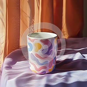 Colorful squiggle mug on satin sheets. blobby design, gen z trend photo