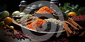 Colorful Sri Lankan spices on a wooden bowl