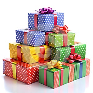 Colorful Stack of Christmas Gift Boxes on White Background