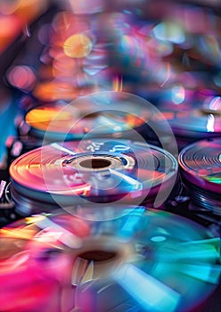 Colorful Stack of Compact Discs in Close-Up with Vibrant Light Reflections