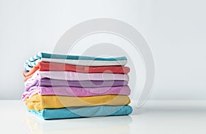 Colorful stack of cotton clothes on white empty space background