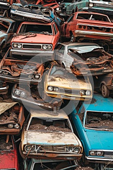 Colorful stack of decaying vintage cars in a scrapyard, reflecting rust and abandonment.