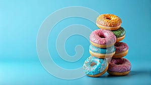 A colorful stack of deliciously glazed donuts on a vibrant blue background. Generative AI